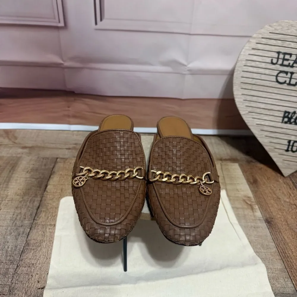 TORY BURCH MINI BENTON WOVEN LEATHER LOAFER IN MOOSE SLIDES MULES SIZE 6.5